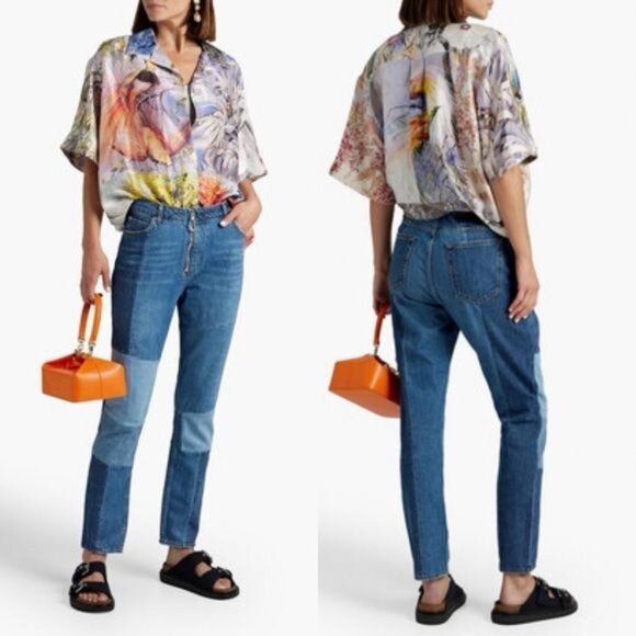 Sandro Hani Patchwork Jeans 36 Blue Vintage 4 Slim Leg High Rise Zip Fly Cropped - Picture 2 of 12